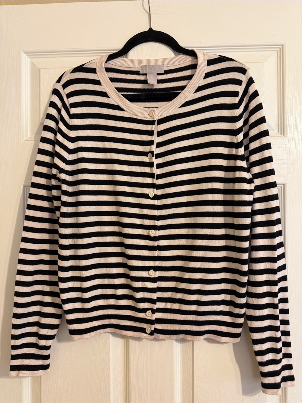 H&M Fine Knit Striped Crewneck Cardigan Cream and Black